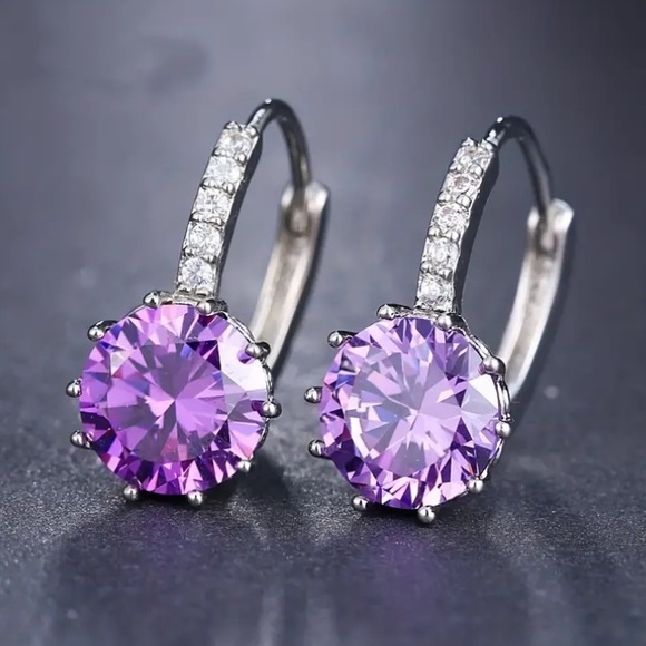 Amethyst & Diamond Leverback Earrings - Picture 1 of 3